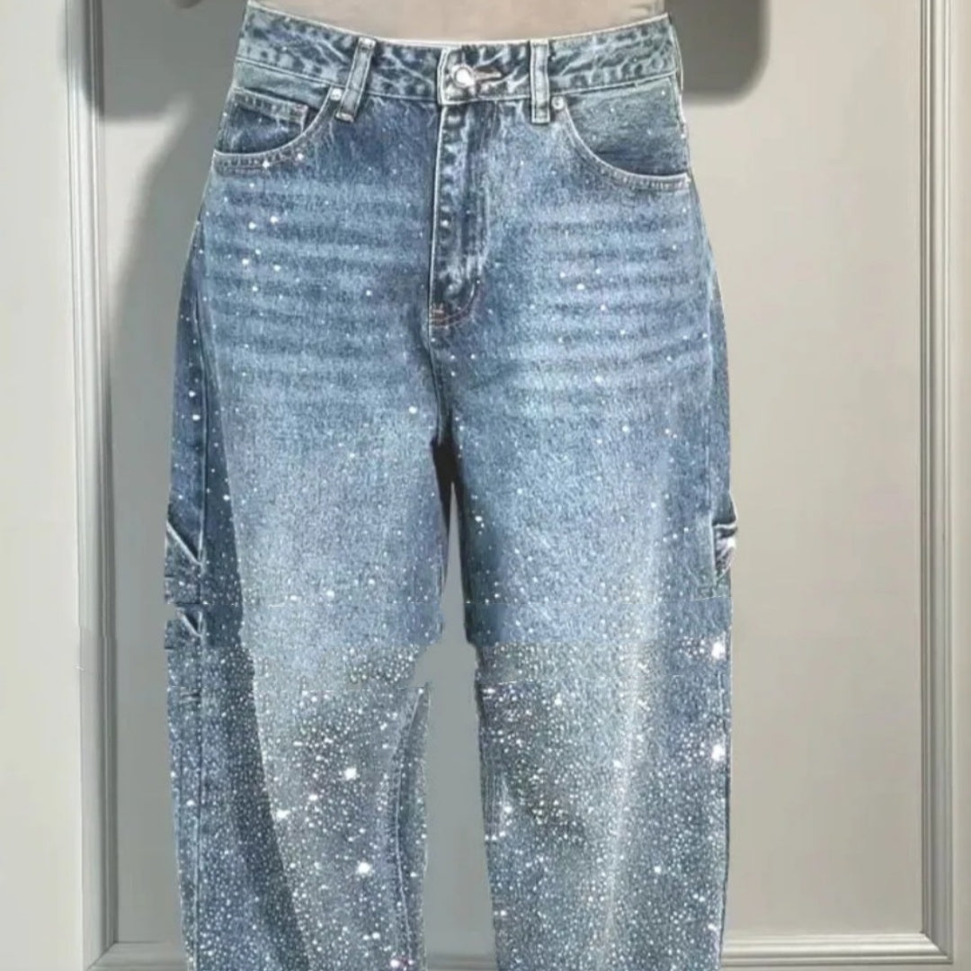 Emira™ | Jean Décontracté Éclatant avec Strass Brillants
