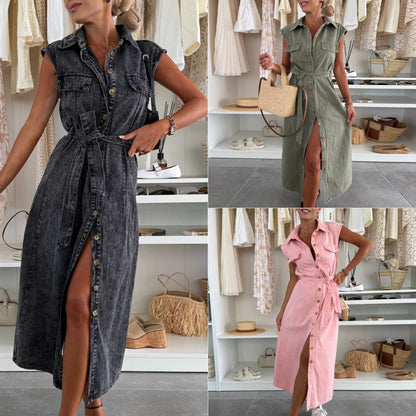Chic Robe en Denim sans manche à col-V