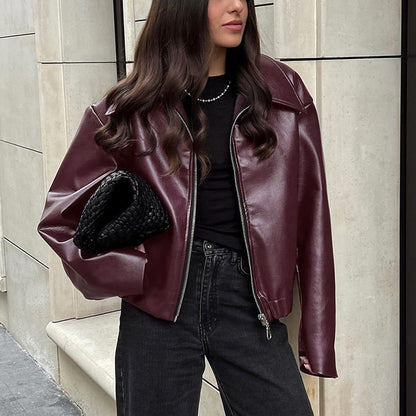 Jaqueta Denisys™ – Élégance en Simili Cuir Bordeaux