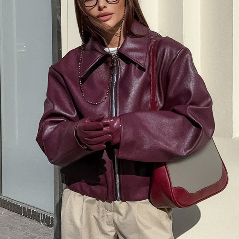 Jaqueta Denisys™ – Élégance en Simili Cuir Bordeaux