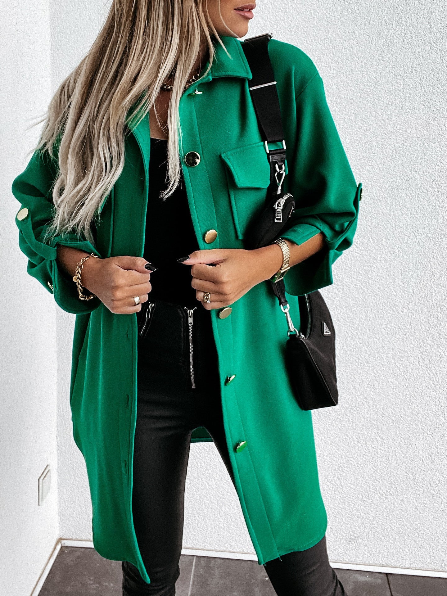 Veste-chemise longue confortable à boutons avec col et revers en laine